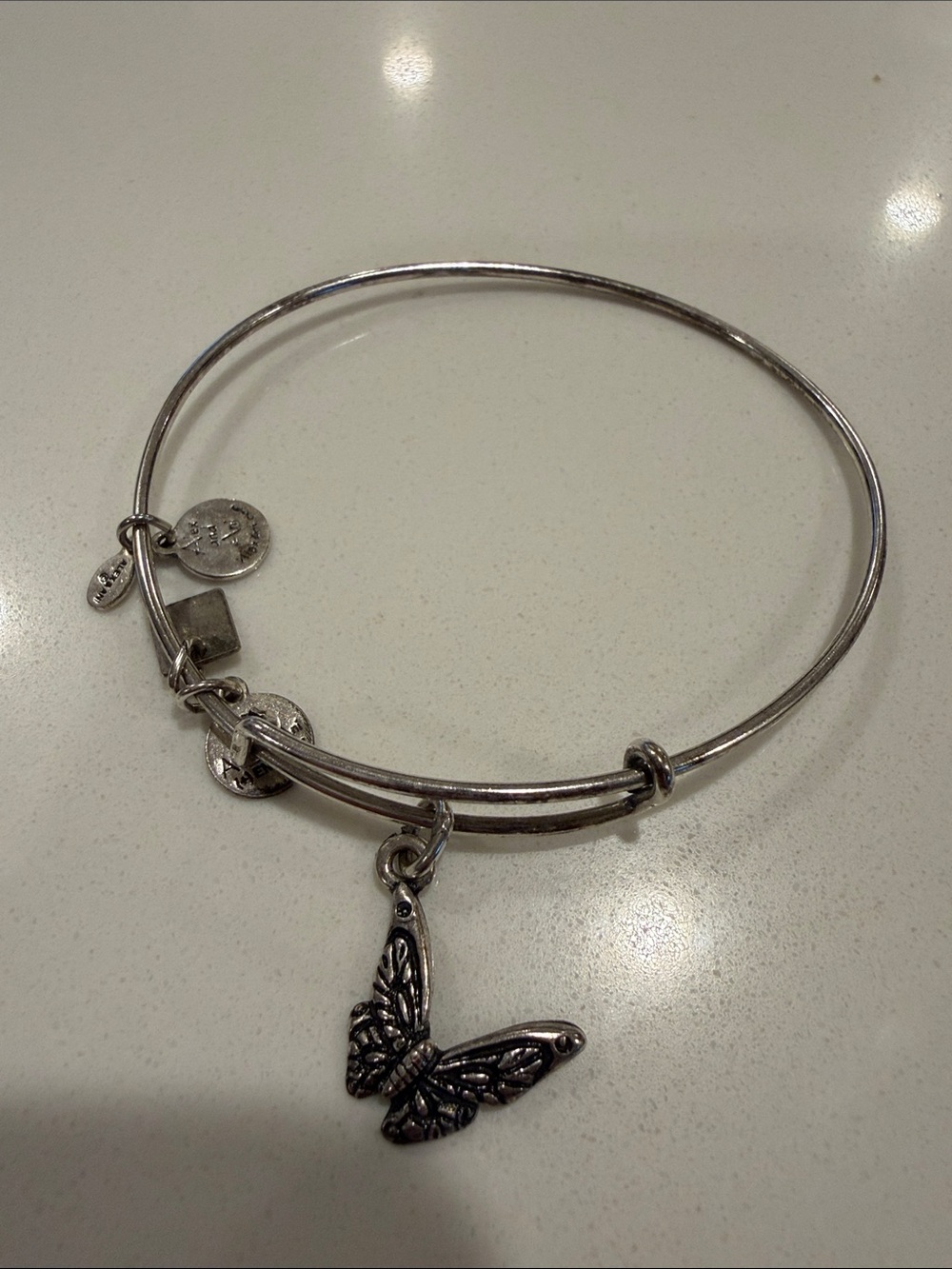 Alex and Ani Silver Butterfly Charm Bangle with Logo Discs